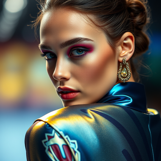 Runway capture, a beautiful model, vibrant colors, metallic textures, high fashion editorial , a 100mm macro lens to get extreme close-ups of intricate details like fabric stitching, accessories, or makeup artistry