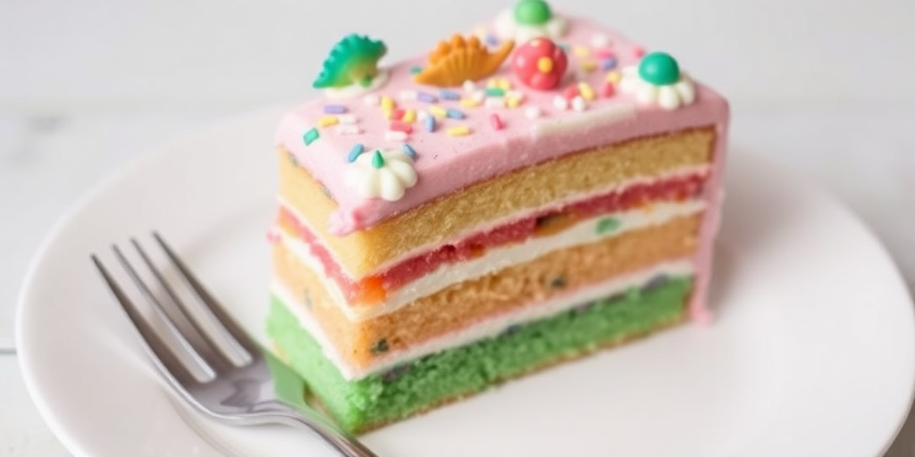 A slice of colorful layered cake with pink frosting and white icing on top adorned with small decorative sprinkles and dinosaur-shaped candy decorations on the frosting, served on a white plate with a fork beside it.