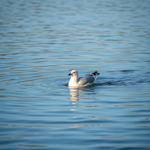 a seagull swimming on calm water with gentle ripples and reflections in soft lighting