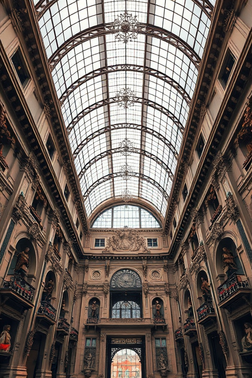 Regenerate an image of an elegant architectural interior with a large glass ceiling, intricate sculptures and decorative details, captured with a Canon EOS R5, 24mm f/1.4 lens, aperture at f/4, ISO 100, shutter speed 1/125s, wide-angle view for enhanced depth and clarity.