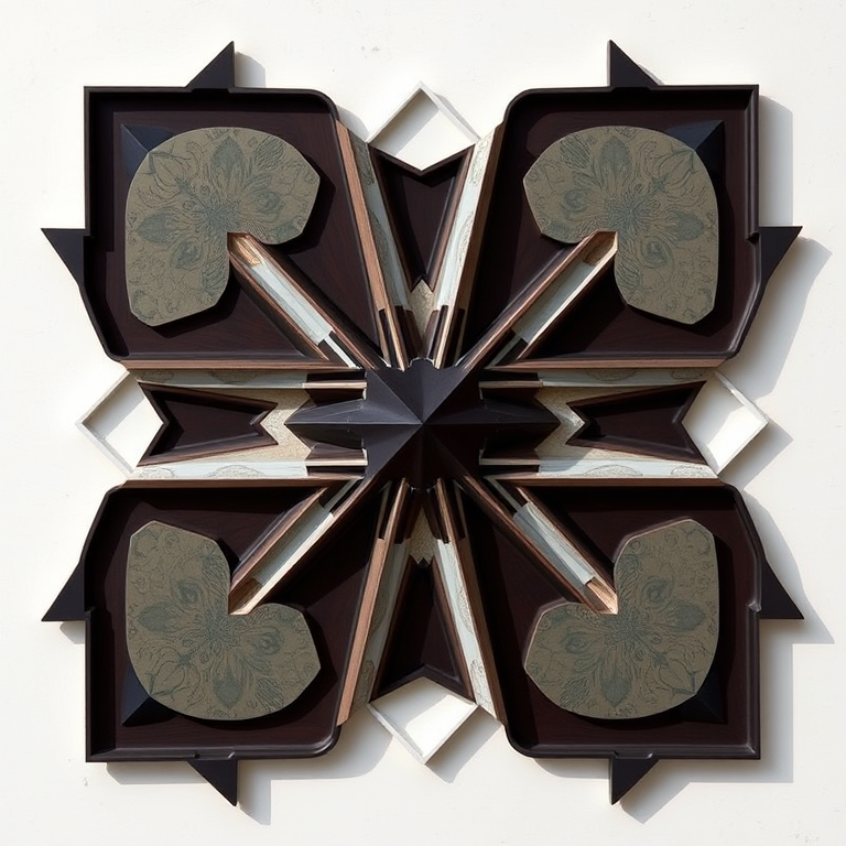 Generate a high-resolution image of a stylized abstract geometric shape, using a DSLR camera with a 50mm lens, f/1.8 aperture, ISO 100, in natural lighting, shot from a top-down view for maximum detail and clarity.