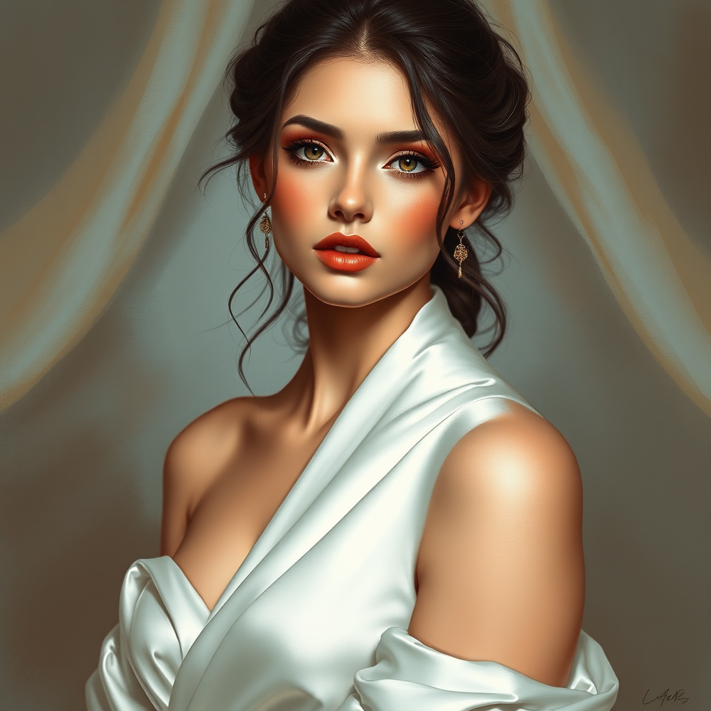 digital painting,  digital illustration,  stunning girl, make up , white silk dress extreme detail,  digital art,  4k,  ultra hd