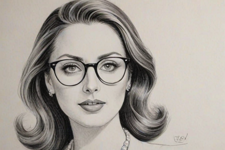 Elegant Eva Amurri Martino, pencil sketch, portrait of Fascinating woman 1948s in glasses, hair style beatnik, outline, clear lines, fine lines, 8k