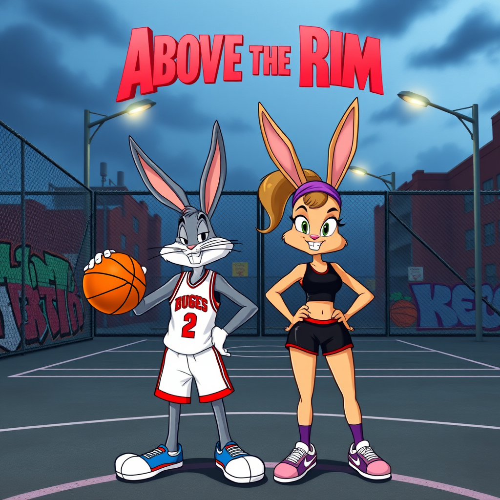 Design an Above the Rim poster featuring Bugs Bunny as Kyle and Lola Bunny as Shep. Bugs is dressed in a basketball jersey and shorts, holding a basketball with a confident expression, while Lola stands beside him in athletic gear, looking determined. The background features an urban basketball court with a wire fence, streetlights, and graffiti. The title "Above the Rim" appears in bold red letters at the top, keeping the original street basketball vibe