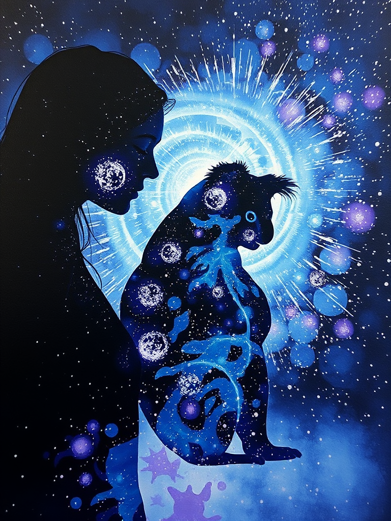 Captivating conceptual render alcohol ink art, double exposure, the paint strokes artfully merge combining a woman's full silhouette with a Cute koala's silhouette. The figures are composed of a series of colored dots, lines & spots that evoke the image of a cosmic galaxy, colors are deep shades of blue purple & black with flashes of white & silver representing distant stars. The woman's silhouette is formed within the lion's silhouette from constellations of scattered stars, surreal