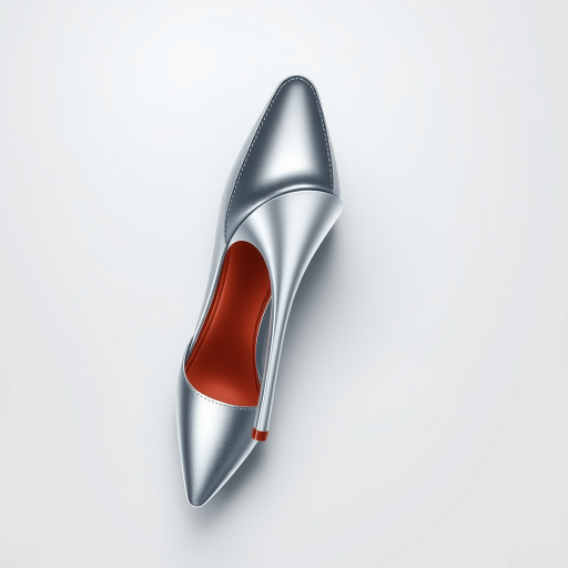 A high-quality illustration of a silver high-heeled shoe with a sleek design, using a soft-focus background, captured with a DSLR camera at f/2.8 aperture, 50mm lens, ISO 100, top-down view for enhanced detail and clarity.