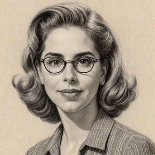 Resplendent Kerry Butler, pencil sketch, portrait of Lovely woman 1938s in glasses, hair style beatnik, outline, clear lines, fine lines, 8k