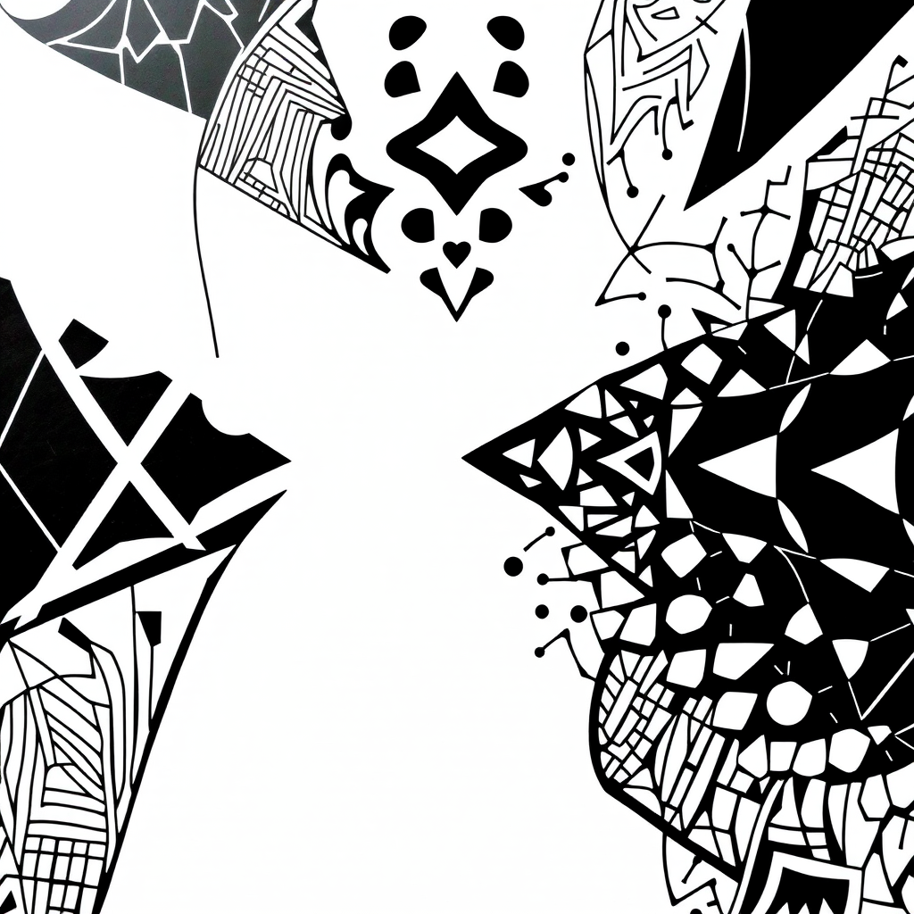 Generate an abstract black and white design featuring intricate geometric shapes and patterns, captured with a Canon EOS R5, 50mm lens, f/1.8 aperture, ISO 100, shot from a top-down view for a clean composition.