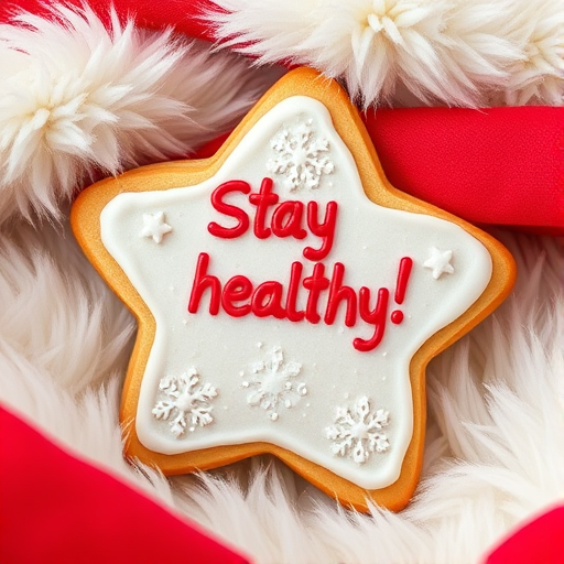 Create an image of a frosted star-shaped cookie with the text "Stay healthy!" in red icing, set against a soft white fur background and red fabric, using a DSLR camera at f/2.8, ISO 100, 1/60 sec, with a macro lens and a shallow depth of field for enhanced focus on the cookie.