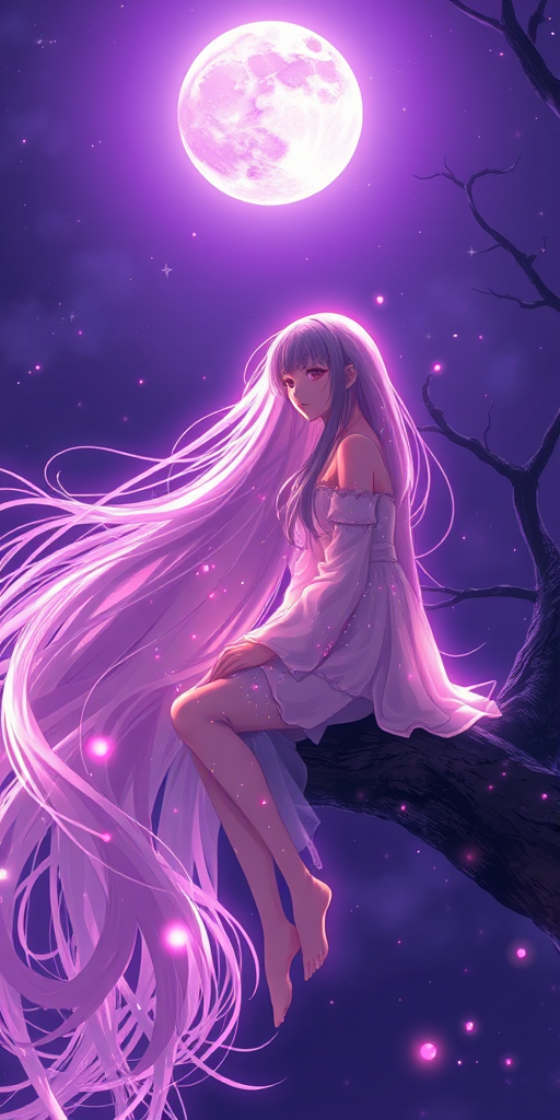 surreal, 1girl,Kpop idol, very long hair, floating hair,glowing hair, night scene,moon in the sky,purple hues,starry night,dreamlike atmosphere,glowing edges,mystical,high contrast,ethereal light,sitting on a tree branch,light particles