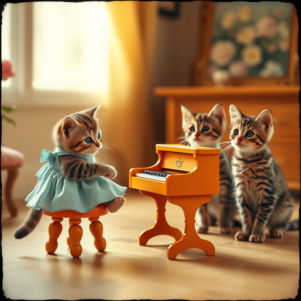 A charming scene of three cute cats in a vintage-style room. One cat, wearing a small, light-blue dress, sits on a tiny stool playing a miniature orange piano. Two other cats, with wide, curious eyes, watch the piano-playing cat intently. The room has warm lighting, with a cozy, old-fashioned aesthetic, soft wooden floors, and a blurred floral painting in the background. The overall mood is playful and whimsical, capturing the innocent curiosity of the cats. The image has a slightly worn, nostalgic feel, reminiscent of an old photograph.