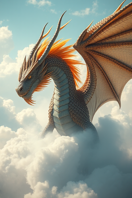 create a hyper-realistic image of a mystical dragon emerging from ethereal clouds with intricate scales and flowing mane, shot with a Canon EOS R5 at f/1.8, ISO 100, using a 50mm lens in natural light to capture fine details and textures.