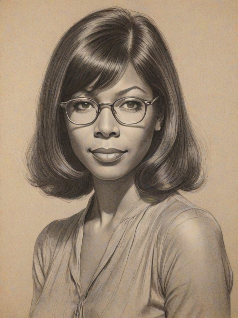 Comely Natalie Cole, pencil sketch, portrait of Resplendent woman 1929s in glasses, hair style beatnik, outline, clear lines, fine lines, 8k
