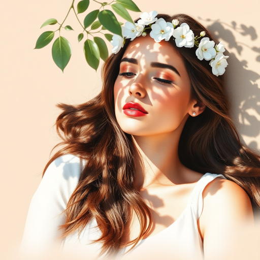 create a watercolor painting of an ethereal portrait of beautiful Turkish woman with a simple white flower crown on her head. Her hair is long and she is lying on the ground. The sunlight on the trees casts shadows from the leaves on her face and body. The background is a neutral brown color that matches her skin tone. The image is minimalist and solid colors. This style is characterized by soft, delicate brushstrokes and a light, airy, contrasting color palette. High level of detail and play of light
