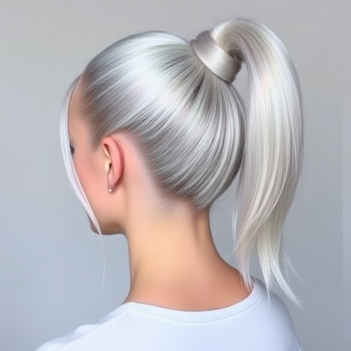 Holographic silver hair styled in a sleek high ponytail with wrapped sections, named "Futuristic Elegance" look, showcasing a mirror-like shine and seamless blending