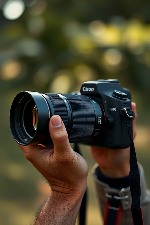 A photographer capturing an image with a DSLR camera, 50mm lens, f/1.8 aperture, ISO 200, 1/500 sec shutter speed, natural light, side profile shot, shallow depth of field for background blur.