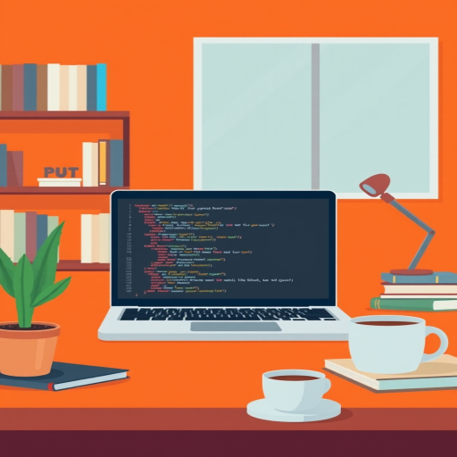 Create a flat design illustration of a laptop displaying code on a vibrant orange background, with a small potted cactus, a coffee cup, and a bookshelf in the scene, captured with a 50mm lens at f/1.8, ISO 100, and natural lighting for a bright and clean look, using a digital illustration style.