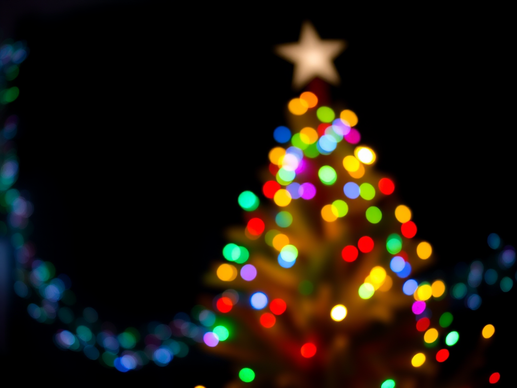 Create a vibrant Christmas tree with colorful lights set against a black background, using a DSLR camera with a 50mm lens, f/1.8 aperture, ISO 200, 1/60 sec shutter speed, shot from a low angle with a slightly blurred background to enhance the visual appeal.