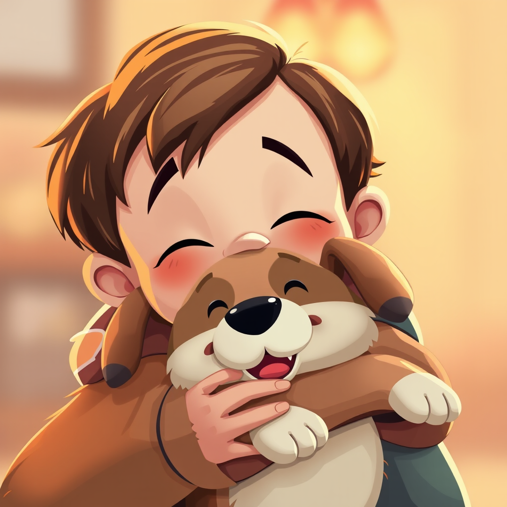 Regenerate an illustration of a smiling boy hugging a cute dog, with warm colors and cartoonish style, shot with a Canon EOS 5D Mark IV, 50mm lens, f/1.8, ISO 200, at eye level for enhanced detail and clarity.