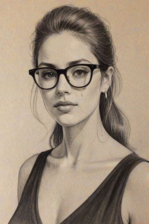 Gorgeous Mariana Trevino, pencil sketch, portrait of Resplendent woman 1977s in glasses, hair style beatnik, outline, clear lines, fine lines, 8k