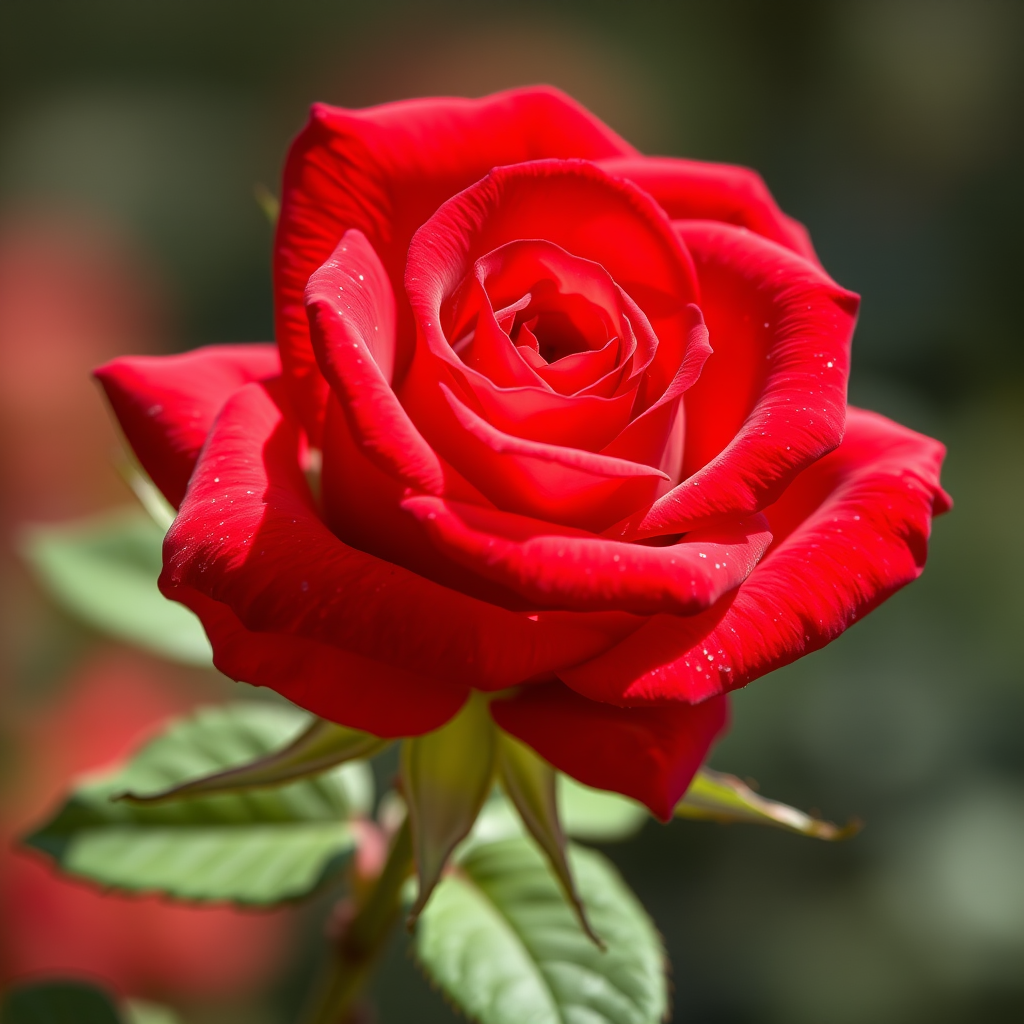 create a hyper-realistic image of a red rose with intricate details and vibrant colors, using a DSLR camera with a 50mm lens at f/2.8, ISO 100, and a shallow depth of field, in natural light to enhance the quality and clarity of the petals and leaves
