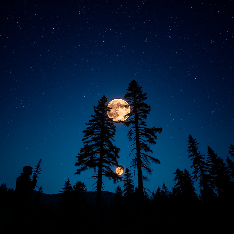create a serene landscape featuring a full moon rising behind tall pine trees silhouetted against a starry night sky with a figure in the foreground, use a DSLR camera, aperture f/8, shutter speed 1/60s, ISO 400, wide-angle lens at 24mm, high contrast and vibrant colors for enhanced details