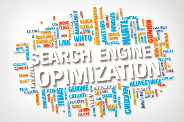 Generate a visually engaging word cloud about Search Engine Optimization, incorporating relevant terms like meta tags, backlinks, and link building, with a DSLR camera at f/2.8, ISO 100, 50mm lens, top-down view, and soft natural lighting.