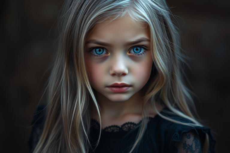 portrait of a young girl with long silver hair, piercing blue eyes, wearing a vintage black dress with lace details, dramatic lighting, 85mm lens, f/1.4 aperture, soft focus background, high-resolution digital photography, moody atmosphere, capturing intricate details and textures.