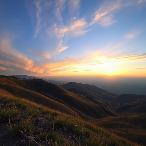 Generate a high-resolution image of a serene landscape featuring rolling hills and a sunset sky, using a DSLR camera with a 50mm lens at f/1.8, ISO 100, and 1/200s shutter speed, captured from a low angle view to emphasize depth and richness in colors.