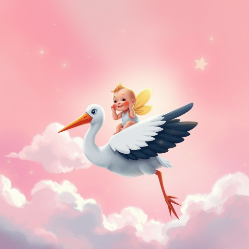 Create a whimsical illustration of a cute baby with fairy wings riding on a large, friendly stork flying through a pastel pink sky, with fluffy clouds and sparkling stars in the background, using a digital painting style with a focus on vibrant colors and soft lighting, captured as if taken with a high-resolution digital camera at f/2.8, ISO 100, and a 50mm lens for enhanced detail and depth.