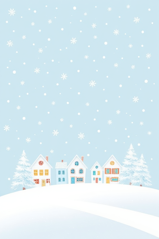 Create a winter scene with a light blue background featuring falling snowflakes. Include a row of white, cozy houses with windows and chimneys, alongside white evergreen trees. The ground should be gently sloping and covered with snow, creating a peaceful and festive atmosphere.