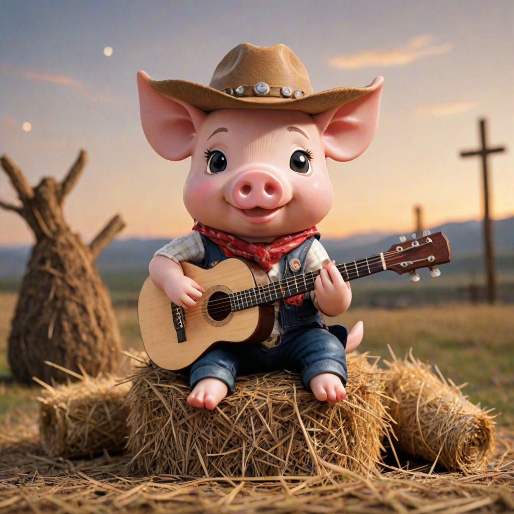 A chibi pig, dressed as a cowboy, playing guitar, sitting on a hay bale