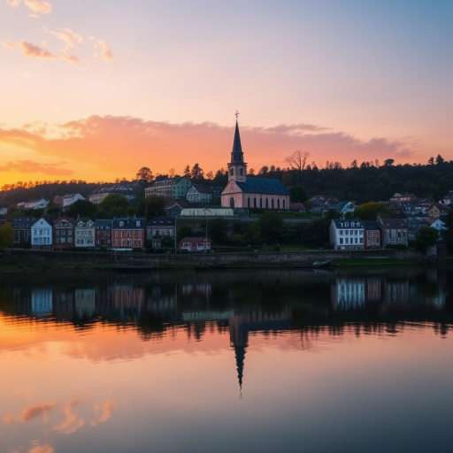 Generate a landscape image of a town with a church at sunset, reflecting in calm water, using a DSLR camera with a 24mm lens, aperture f/8, ISO 100, shutter speed 1/60s, capturing a wide-angle view for enhanced detail and clarity.