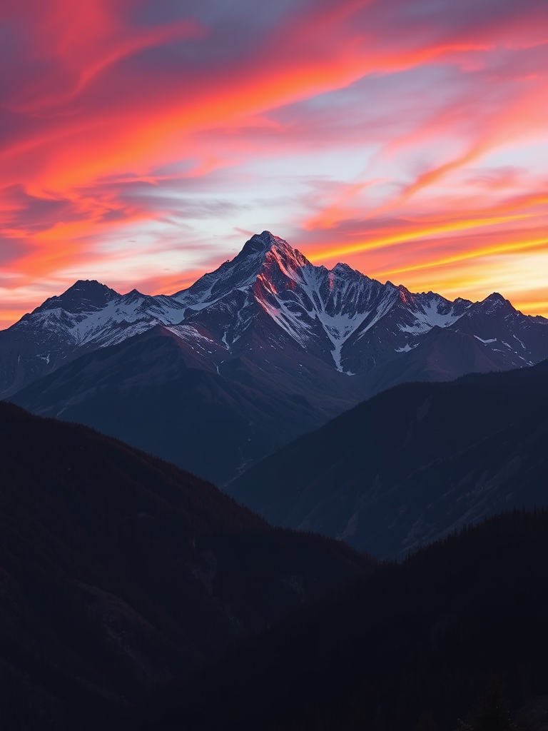 Generate a high-resolution image of a mountain landscape during sunset with vivid colors, using a DSLR camera, 24mm lens, f/8 aperture, ISO 100, and a shutter speed of 1/125 sec, capturing a panoramic view with vibrant contrasts and sharp details.