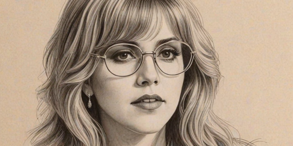 Elegant Stevie Nicks, pencil sketch, portrait of Graceful woman 1929s in glasses, hair style beatnik, outline, clear lines, fine lines, 8k