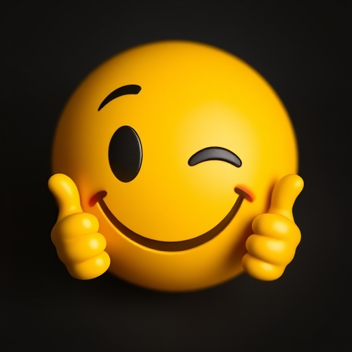 Create an image of a smiling yellow emoji with one eye winking and two thumbs up, shot with a Canon EOS R6 at f/2.8, ISO 100, 50mm lens, using a softbox for even lighting and a slight blur background for depth.