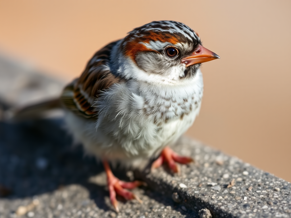 A close-up shot of a sparrow perched on a textured surface, natural daylight, ISO 200, aperture f/2.8, shutter speed 1/500s, DSLR camera, shallow depth of field, focus on the bird's eye.