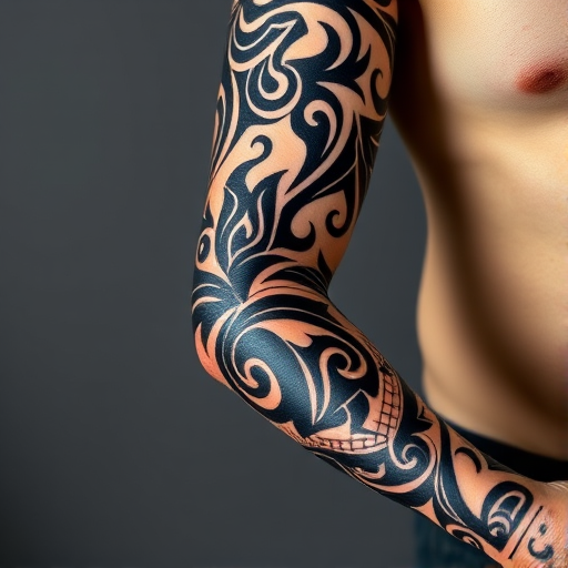 Powerful tribal-inspired tattoo wrapping around the bicep and forearm featuring bold black patterns with negative space elements inspired by Polynesian and Maori designs intricate swirls and sharp angles