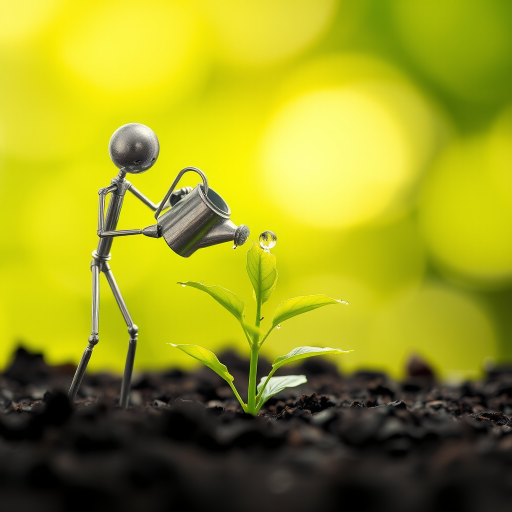 A metal figurine of a person, constructed from thin, silver rods, stands on the left side of the image, facing the viewer. The figurine is holding a small watering can and pouring water onto a young plant, with a few droplets in the air. The plant, with lush green leaves, is situated in the center, growing from dark soil. The background is a soft, out-of-focus blur of green, illuminated by warm, natural light.  The composition creates a sense of depth and intimacy. The image evokes feelings of growth, nurture, and hope.