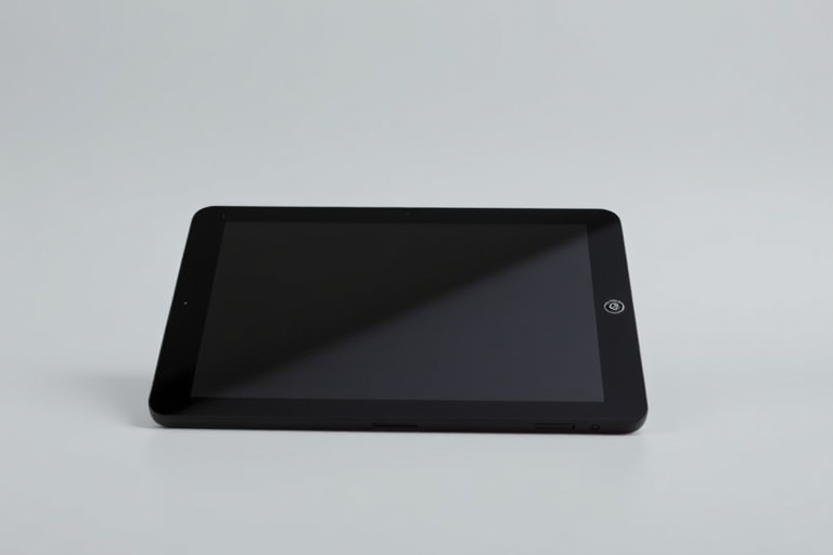 Create an image of a sleek black tablet with a glowing power button, using a 50mm lens, f/1.8 aperture, ISO 100, and a focus on the tablet against a minimalistic background, shot from a slight angle to emphasize the screen and design.
