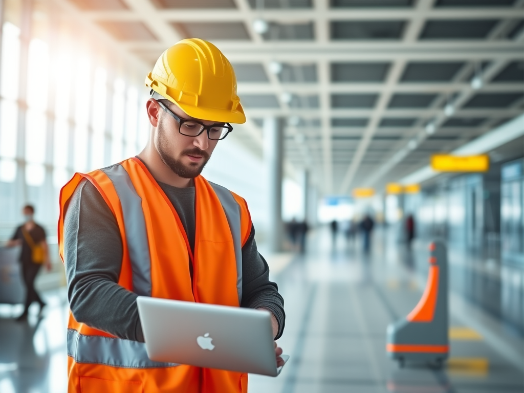 Generate an image of a construction worker in a safety vest and hard hat, focused on a laptop at an airport terminal, with natural light streaming in, using a 50mm lens, f/2.8 aperture, ISO 200, and a shallow depth of field to enhance background blur.