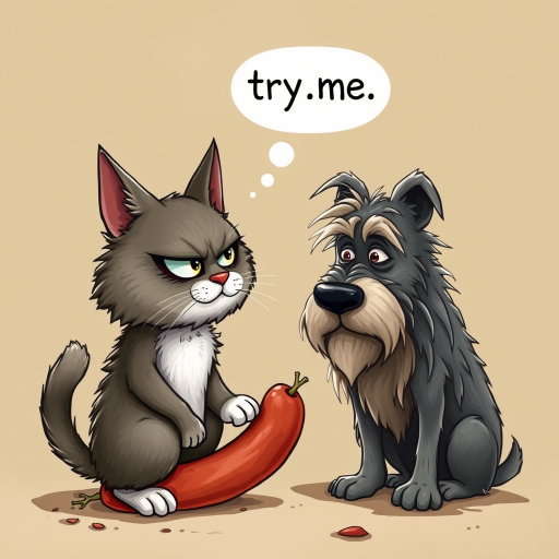 caricature of a silly whimsical fluffy cat with a mean look she has one foot on a sausage and is looking at an old scraggly big dog the cat has a thought bubble above her head that says “try,me"