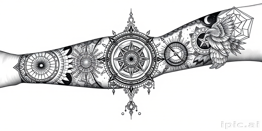 Intricate blackwork tattoo sleeve featuring sacred geometry patterns and mystical symbols intertwined with celestial elements in stark black ink with precise linework and dotwork shading