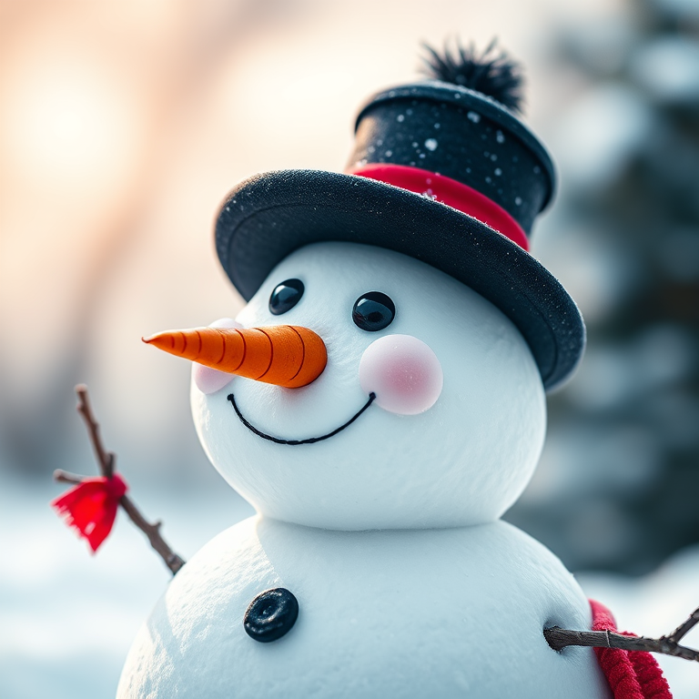 Create a digitally rendered image of a cheerful snowman with a black hat, red scarf, and a carrot nose, using a Canon EOS R5 camera with a 50mm lens at f/1.8, 1/200 sec exposure, ISO 100, shot from a slightly low angle with a soft focus background to enhance the snowman's features and colors.