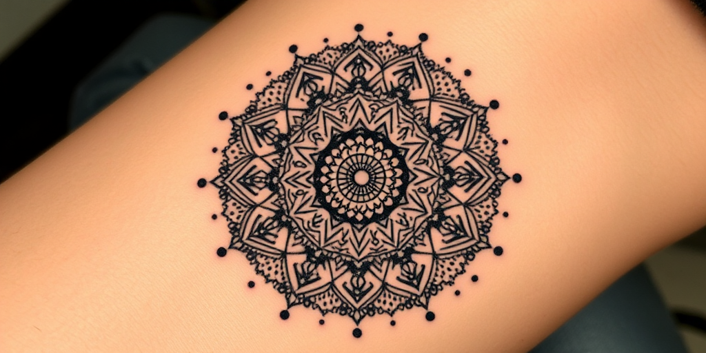 Dotwork mandala tattoo named "Cosmic Symmetry" featuring an intricate circular design composed of thousands of tiny dots, representing the universe's interconnectedness, renowned for its meticulous detail and meditative quality