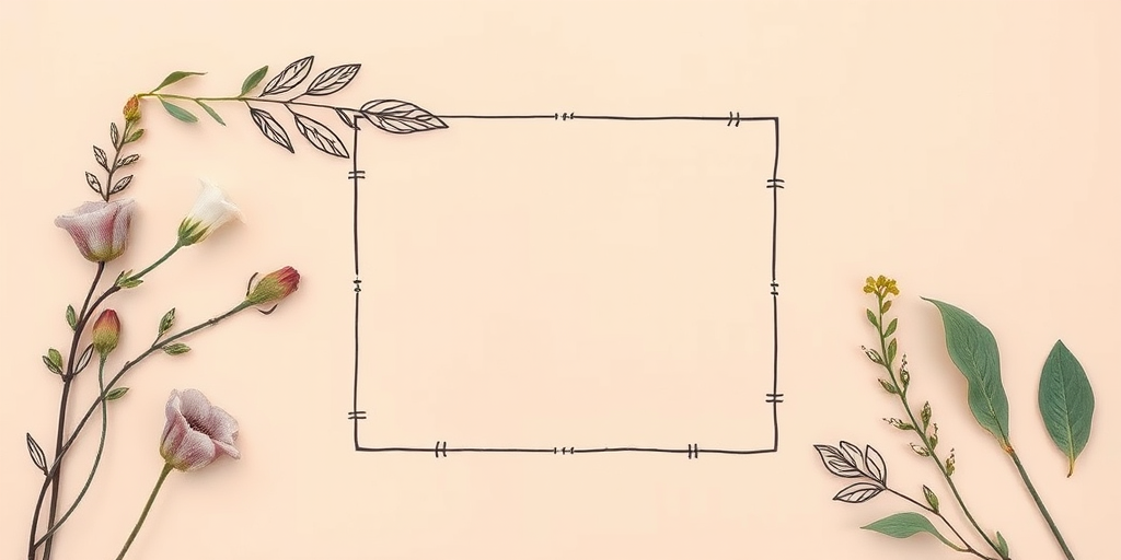 Create an empty square frame with hand-drawn botanical elements in black on a soft pastel background incorporating peach and cream colors, using a DSLR camera with a 50mm lens, aperture set to f/2.8, shooting from a top-down perspective for a flat lay effect and using natural light for optimal color enhancement.