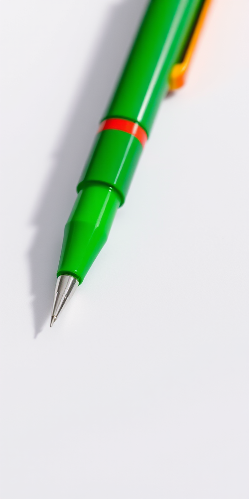 Create a high-resolution image of a green pen with red and yellow accents, positioned diagonally and writing on white paper, using a DSLR camera, 50mm lens, aperture f/2.8, ISO 100, in natural light for a clear and vibrant look.