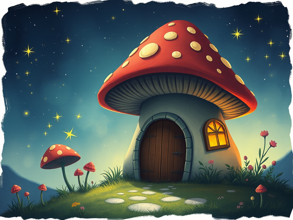 generate illustration of a mushroom house with a door and a window, a storybook , fantasy art, mushroom house, bg starry sky, sparkles