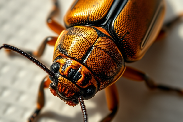 macro shot of an intricate beetle illustration, focus on detailed texture, enhance shadows for depth, aperture f/8, ISO 100, 50mm lens, top-down perspective, natural light, high-resolution digital camera