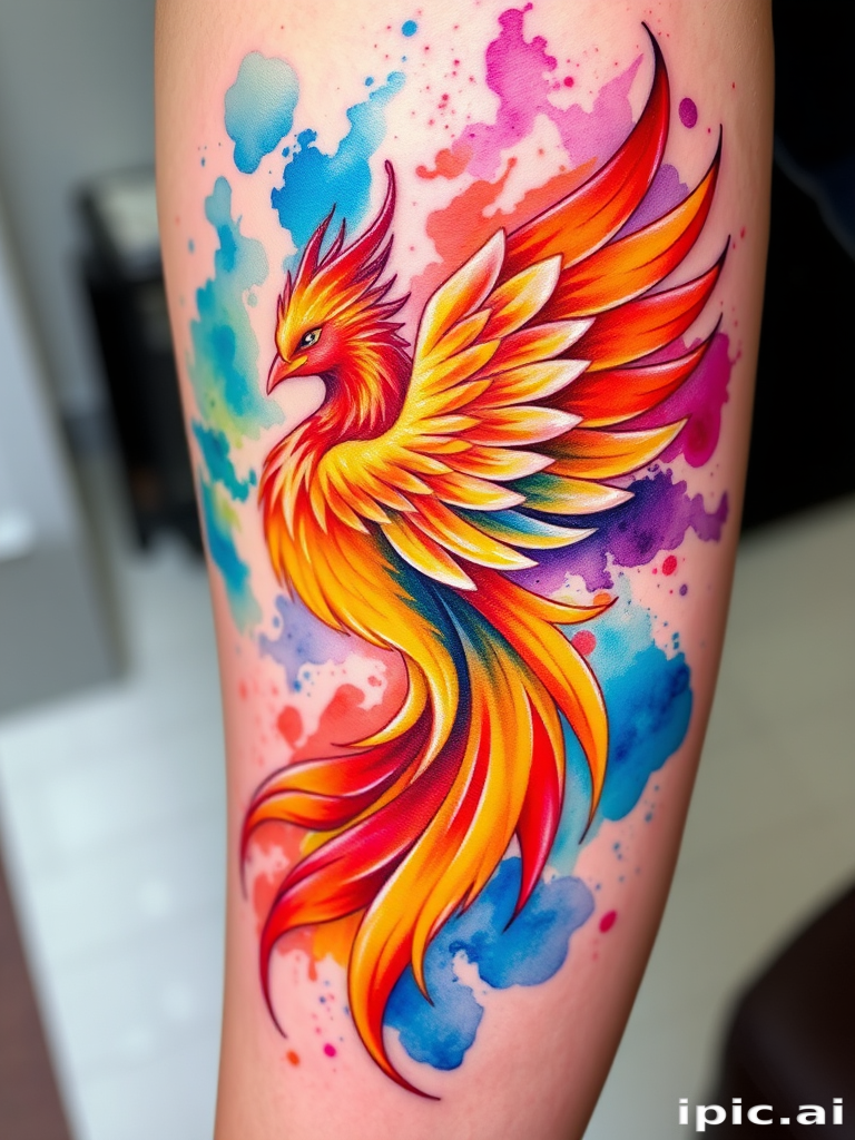 Vibrant watercolor tattoo called "Rainbow Splash" featuring a majestic phoenix rising from swirling hues of red orange and yellow blending seamlessly into cool blues and purples with intricate feather details and subtle white highlights